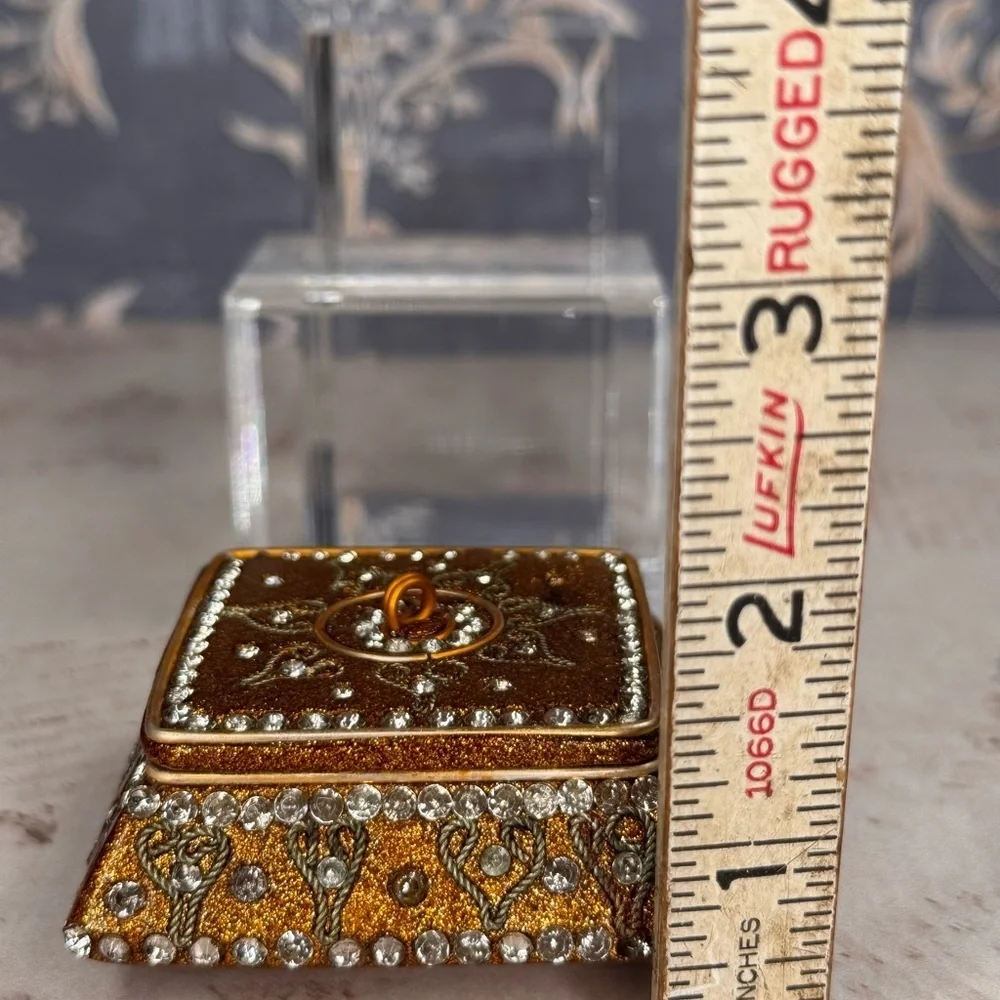 Vintage Gold Jeweled Trinket Box Rhinestone Enamel Square Ormolu Casket